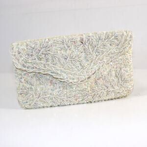 Vintage Ivory Beaded Sequin Clutch Floral Evening Bag Wedding